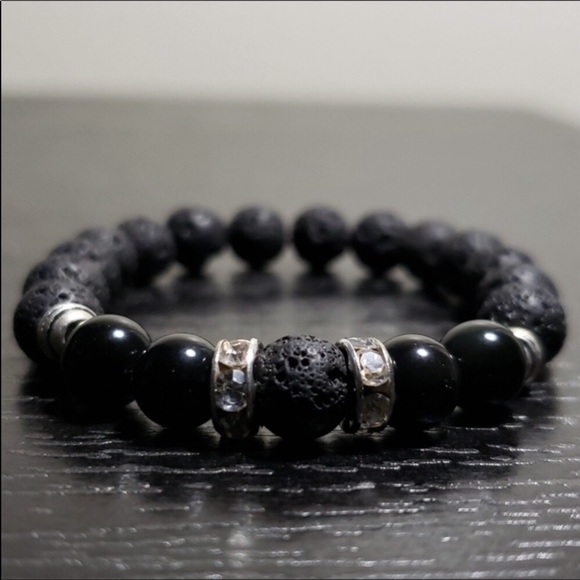 HANDMADE 6" Black obsidian lava stone bracelet. - Picture 1 of 3